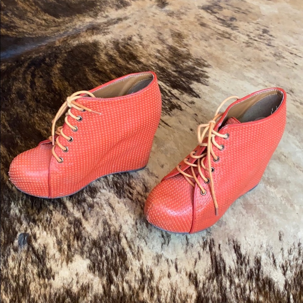 Orange textured Jeffery Campbell wedged booties